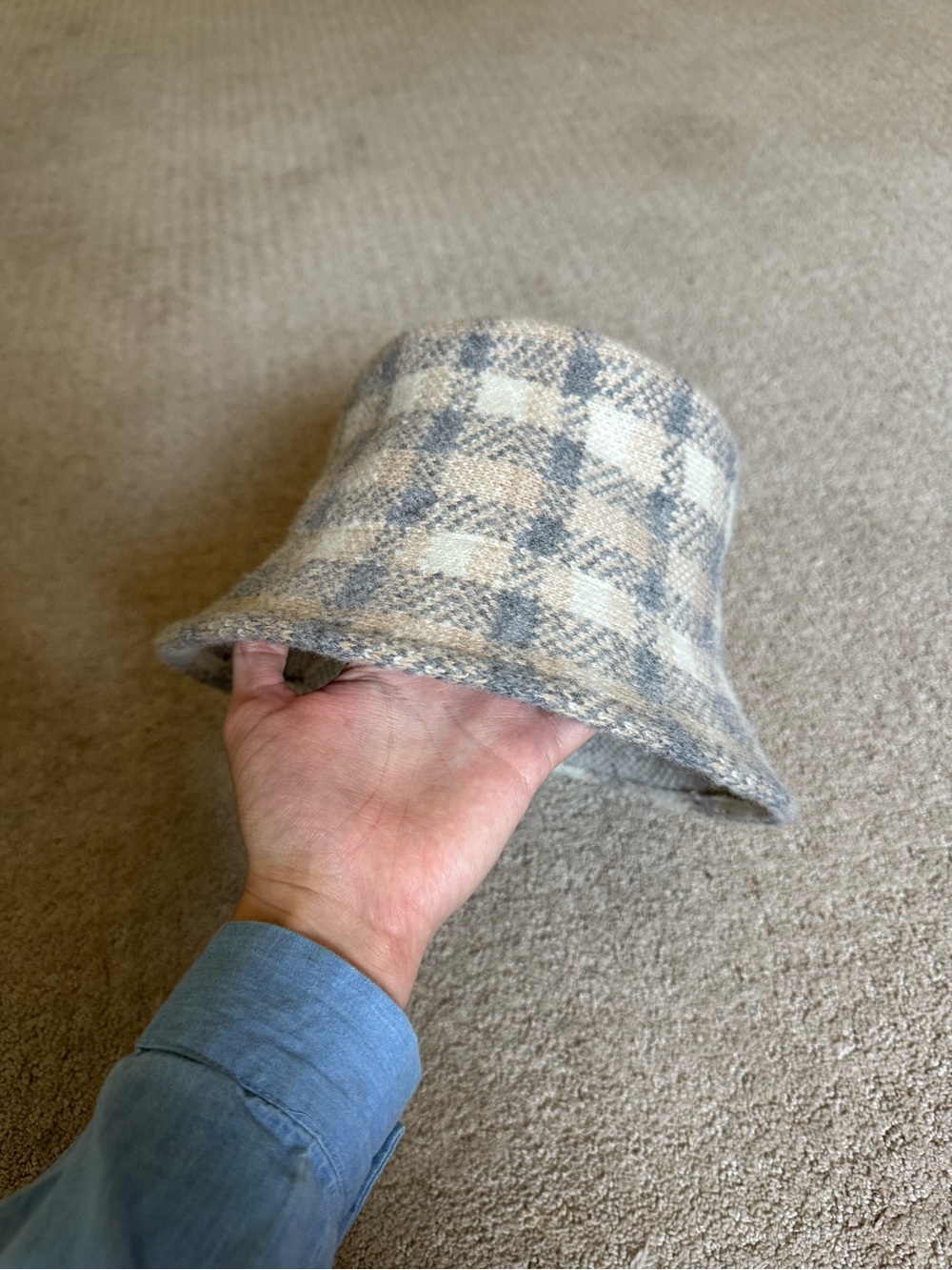 San Diego Hat Company Beige and Gray Plaid Wool Bucket Hat